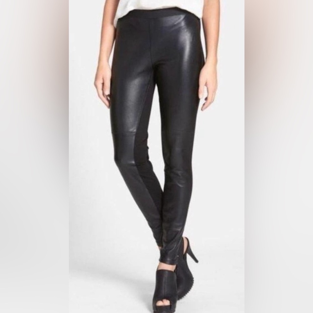 Pull-on Eileen Fisher Stretchy Black Lamb Leather Panel Leggings. NWT